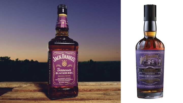 Berry flavors are a go-to for many distillers. Jack Daniel’s introduced a Tenessee Blackberry flavor (above left) last August, and it quickly became a major sales driver. Doc Holliday whiskey chose Huckleberry (above right) for its first foray into flavors.