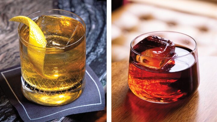 The Aqua Regia cocktail (top left) mixes mezcal with Japanese rum, while the Luxury of Time (top right) contains cacao butter-washed Tequila, and Mexican whisky.