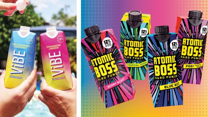 Portable packaging is a large part of the draw to the wine-based RTD segment. Many brands like Beatbox, Beach Juice, Vibe Twisted Sips (top), and Atomic Boss (above) are available in portable and light weight Tetra Paks, making them easy to bring along to casual drinking occasions.