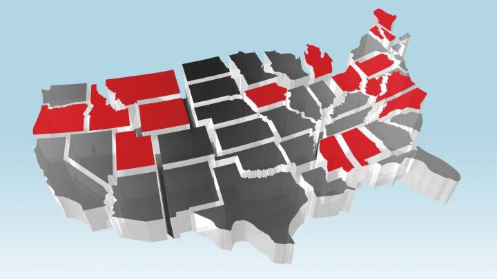 While spirits sales were down in the 17 control states (pictured in red) last year, several encouraging bright spots emerged with volume growing in five states.
