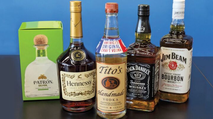 Top-selling spirits in Virginia in 2025 included (from left) No.-5 Patron Tequila, No.-2 Hennessy V.S. Cognac, No.-1 Tito’s vodka, No.-3 Jack Daniel’s Tennessee whiskey, and No.-4 Jim Beam Bourbon. Overall, the state remained the No.-5 control state in both volume and sales.