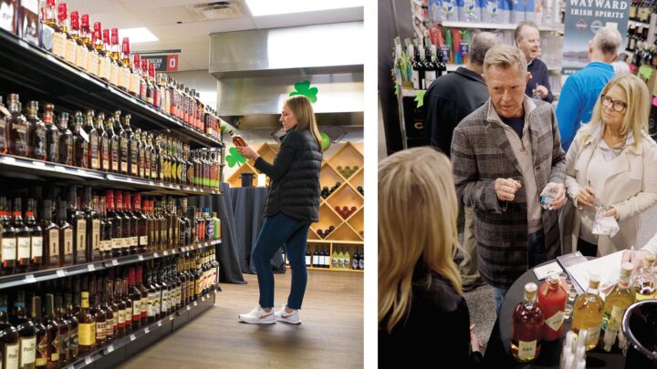 At Ohio Liquor units (shelves top left), customers are still trading up to higher-priced products. In-person events at the stores remain a key growth driver (promotions and events above right.).