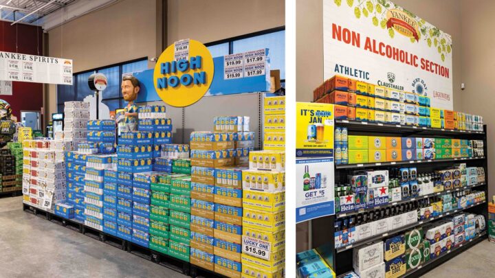 RTDs (High Noon display top left) are driving major growth at Yankee Spirits thanks to an explosion of offerings along with solid profit margins. In addition, non-alcohol options (above right) are garnering interest from health-conscious and younger consumers.