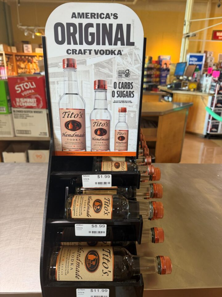 Wilbur’s Total Beverage in Fort Collins and Wyatt’s Wet Goods in Longmont, Colorado have a Tito’s rack with 50-ml. ($2), 200-ml. and 375-ml. ($12) all in the same rack at point of purchase.