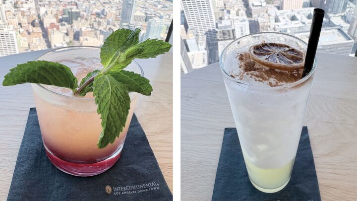 Spire 73 at the InterContinental Los Angeles serves non-alcohol drinks like the Peachwood Elixer (above left) and the Cocanela (above right). Both cocktails contain zero-proof spirits and upscale mixers.