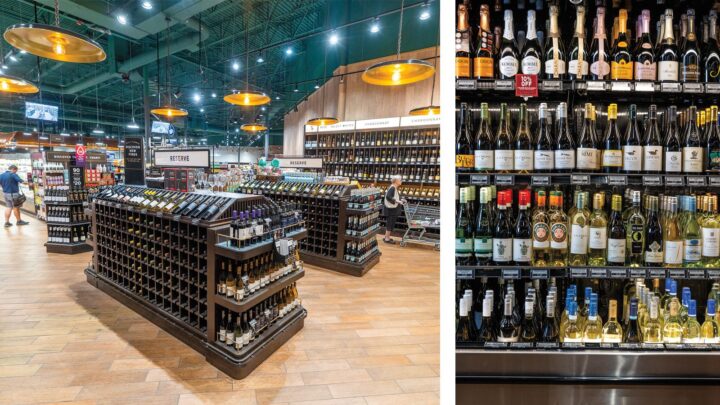 Wine is the primary beverage driver at The Fresh Market, accounting for 74% of total alcohol sales (Greensboro, North Carolina wine displays pictured). The stores generally offer more than 600 labels and benefit from an affluent clientele base.
