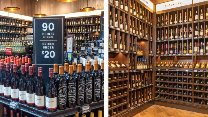 The Fresh Market aims to have a varied wine selection and tailors its offerings by market based on local trends. Sparkling wine sales have been growing (sparklers above right) and promotions like “90 points under $20” (top left) boost consumer interest.