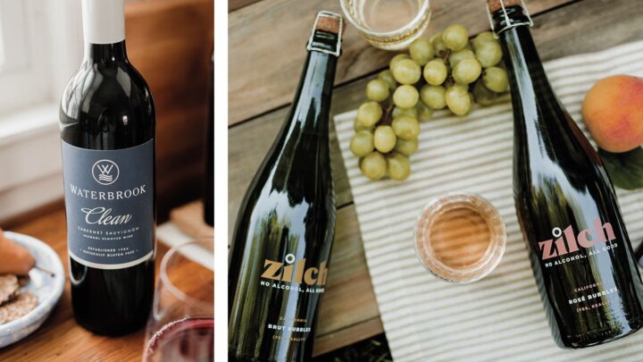 Demand for non-alcohol wines is growing, according to Alex Evans, CMO of Precept Wines & Spirits, which offers the non-alcohol brands Waterbrook Clean (above left) and Zilch (above right). She notes that trends show a meaningful shift in consumer drinking habits.