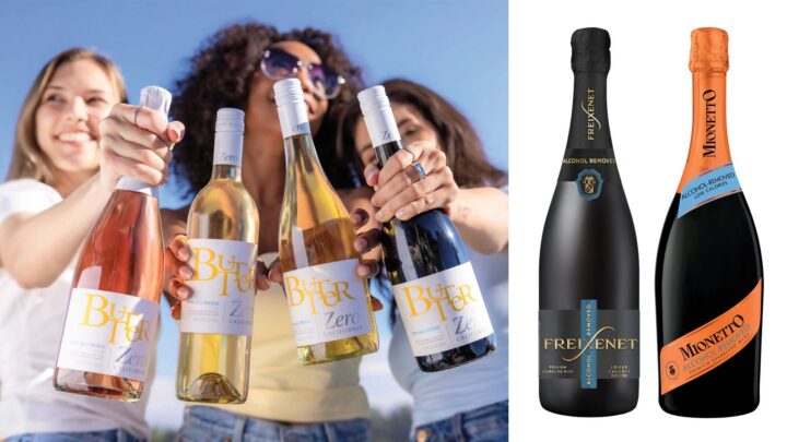 clockwise from top: Non-alcohol line extensions such as Butter Zero, Mionetto Alcohol-Removed sparkling wine, and Freixenet Alcohol-Removed sparkling wine have a built in base of familiar consumers thanks to their traditional counterparts.