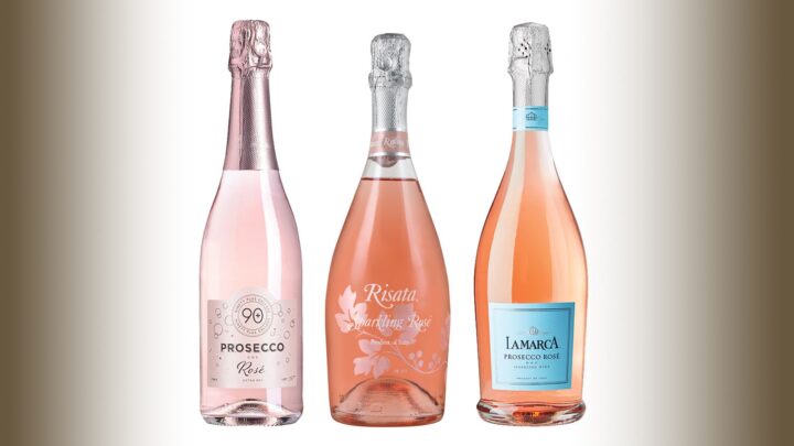 From left: 90+ Cellars Prosecco rosé, Risata sparkling rosé, and La Marca Prosecco rosé were the only three of the top eight non-French rosés to see growth in 2025, according to Impact Databank. La Marca was the top import outside of France at 300,000 cases.