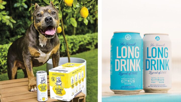 Companies are looking to stand out. Gallo’s Lucky One Lemonade (top left) donates portions of its proceeds to dog rescue organizations, while The Finnish Long Drink (above right) showcases a unique cultural drink.