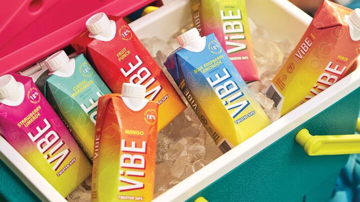 The ViBE Twisted Sips line of wine-based cocktails offers a range of flavors in 200-ml. Tetra Paks (above), though its traditional 500-ml. package is more popular. ViBE Twisted Sips is available in eight flavors.