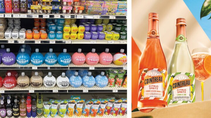 Launched in 2025 and 2026, respectively, BuzzBallz Biggies (top left) and Cointreau Citrus Spritz (above right) are both offered in larger 750-ml. and 1.75-liter formats. This is a differentiator from RTDs, which are most often available in single-serve cans.
