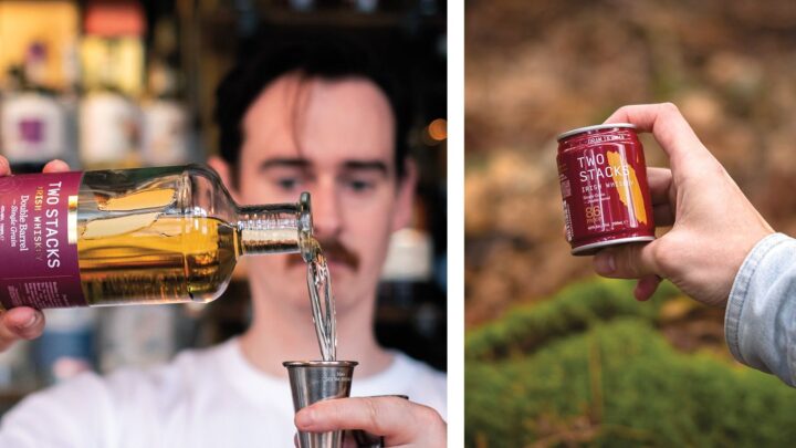 Innovation moves are a key area of focus for many Irish whiskey brands. Foley Family Wine & Spirits’ Two Stacks offers its 4-year-old Double Barrel Single Grain in both 700-ml. (above left) and a 100-ml. Dram in a Can (above right) formats.