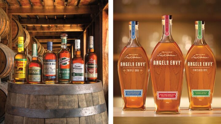 Many Bourbon producers note that economic uncertainty is affecting the category. Still, premium products are holding their own and premiumization continues to evolve (Heaven Hill Bourbon lineup top left, Angel’s Envy above right).