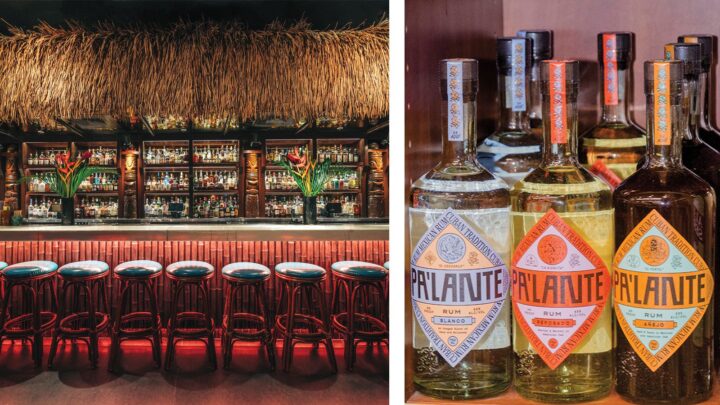 At the tropical-themed, rum-focused Three Dots and a Dash (top left) bar in Chicago, aged rum—such as the Ron Pa’Lante lineup (above right)—appears in most of its cocktails, as well as in many of the rum flights offered.