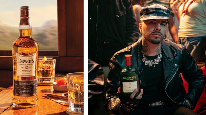 Dewar’s (12-year-old expression above left) is leaning into sports partnerships via its collaboration with the U.S. Open Golf Championship, while Buchanan’s recently partnered with singer Rauw (right) to highlight its FIFA World Cup sponsorship.