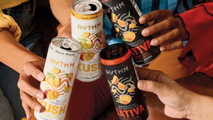 The Rythm portfolio (pictured) of THC drinks is available in two varieties—the Kush line made with THC, CBD, and L-theanine, and the Sativa line, which mixes THC with caffeine.