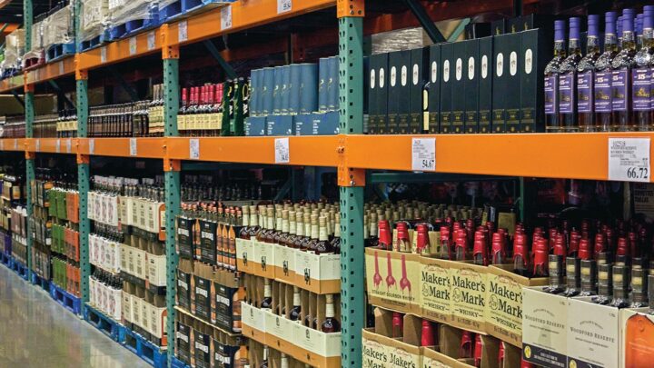 Spirits comprise 35% of Costco’s beverage sales, led by Tequila, Bourbon, and Scotch (spirits aisle pictured). Sokol says Costco shoppers delight in searching for allocated offerings across both spirits and wine, which helps create the company’s treasure hunt shopping mentality.