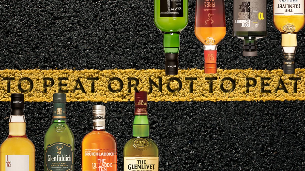 bottles of scotch arranged across a yellow road line with the words to peat or not to peat