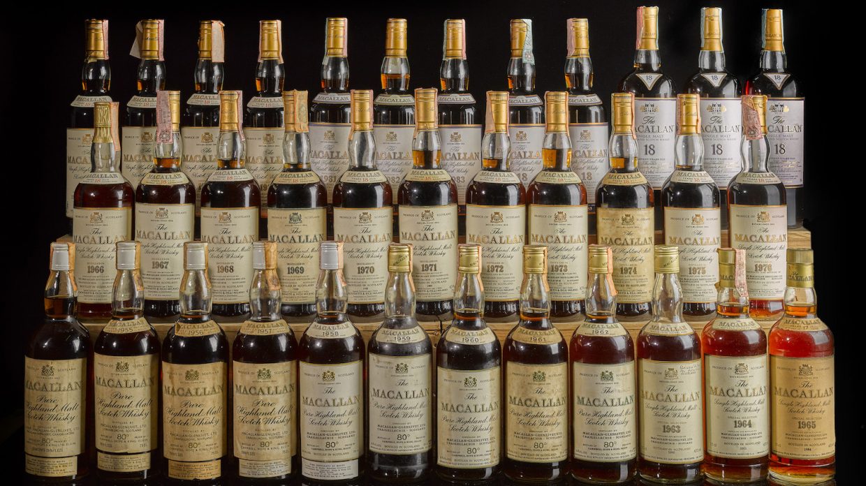 Three rows of rare Macallan scotch whisky slated for auction at Sotheby's