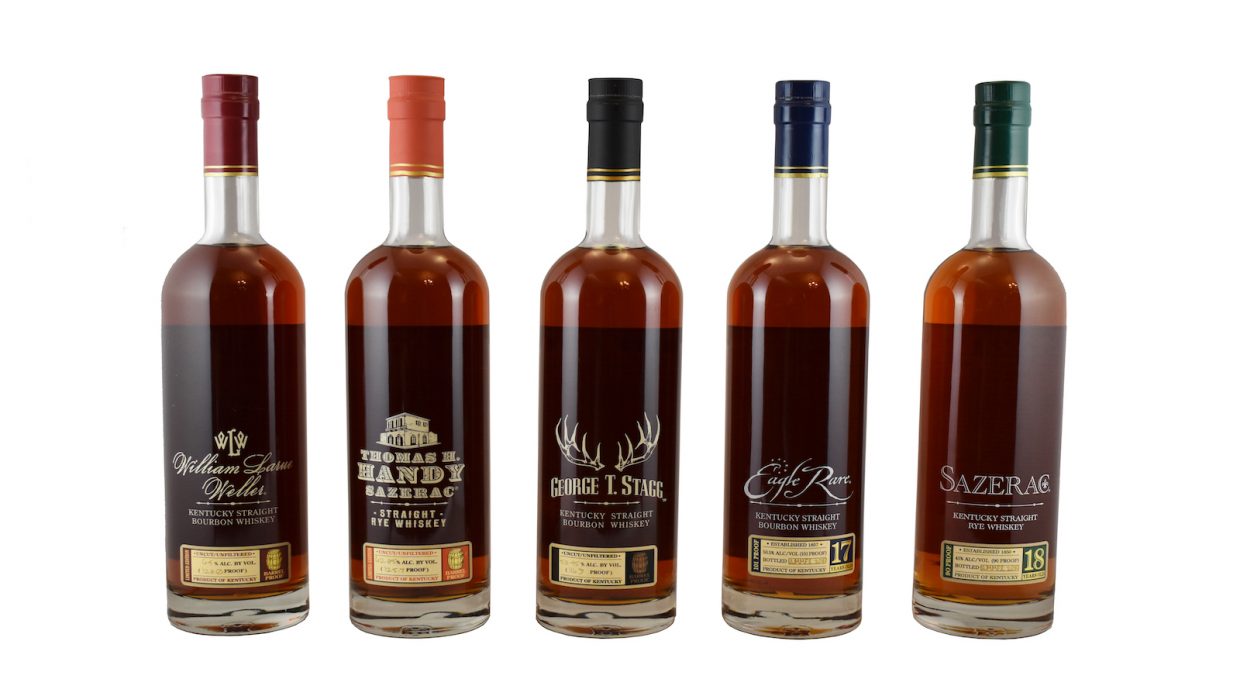 Lineup of bottles in 2019 Buffalo Trace Antique Collection, including George T. Stagg bourbon, William Larue Weller bourbon, Eagle Rare 17 year old bourbon, Thomas H. Handy Sazerac rye, and Sazerac 18 year old rye