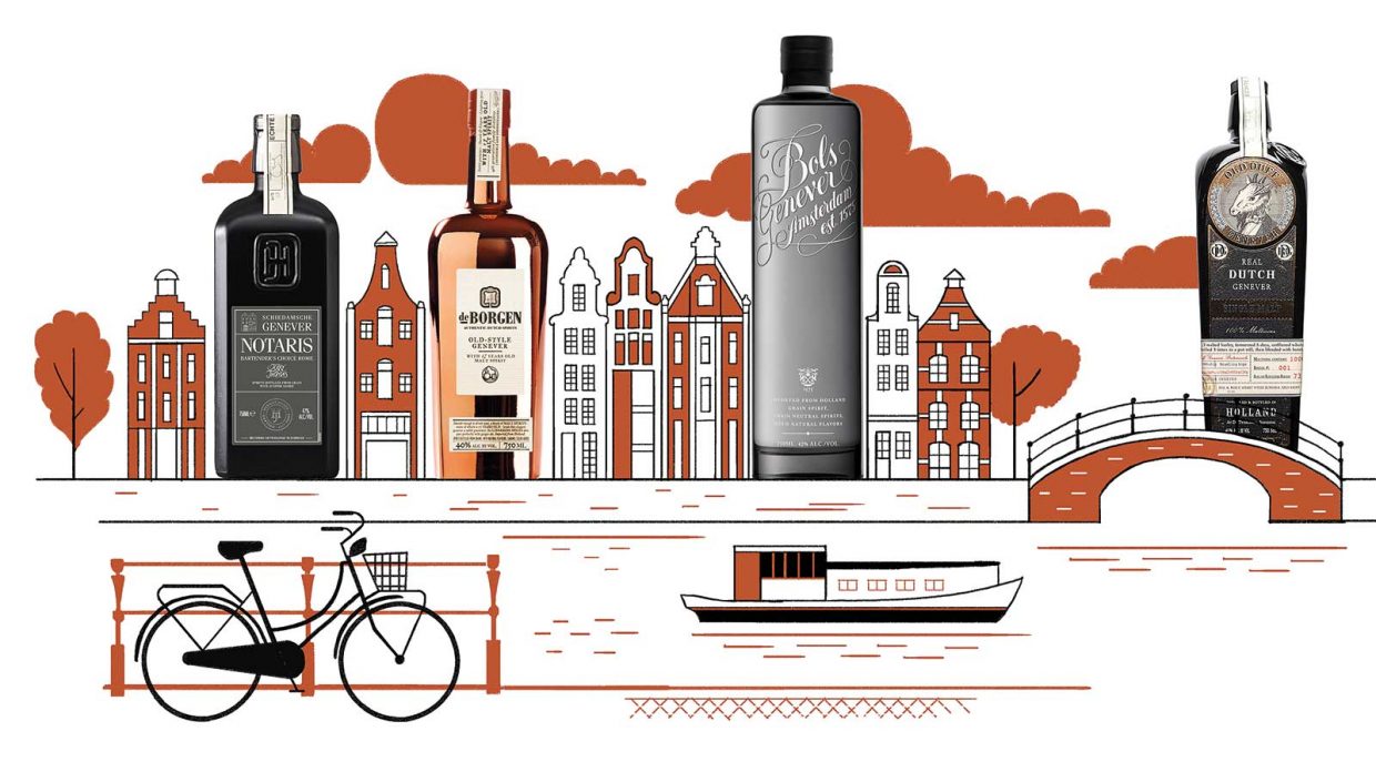 Different varieties of Dutch genever, which combines neutral grain spirit with malt wine, appear in an illustration of buildings along the bank of a river in an ostensibly quaint Dutch town, with a boat gliding along the water's surface and a bicycle parked next to a fence along the river's edge in the foreground.