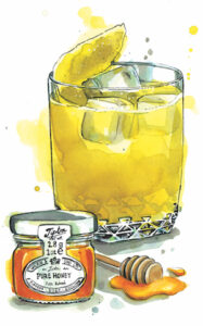 An illustration by Hannah George depicting the Penicillin whisky cocktail next to a small jar of honey and a honey dipper resting in a small puddle of honey.