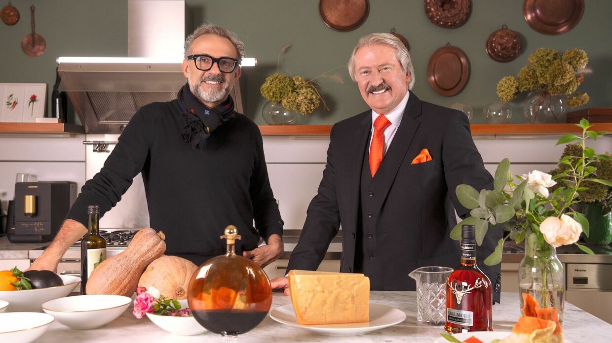 Chef Massimo Bottura and Dalmore master blender Richard Paterson in a kitchen with the Dalmore L'Anima 49 year old single malt scotch