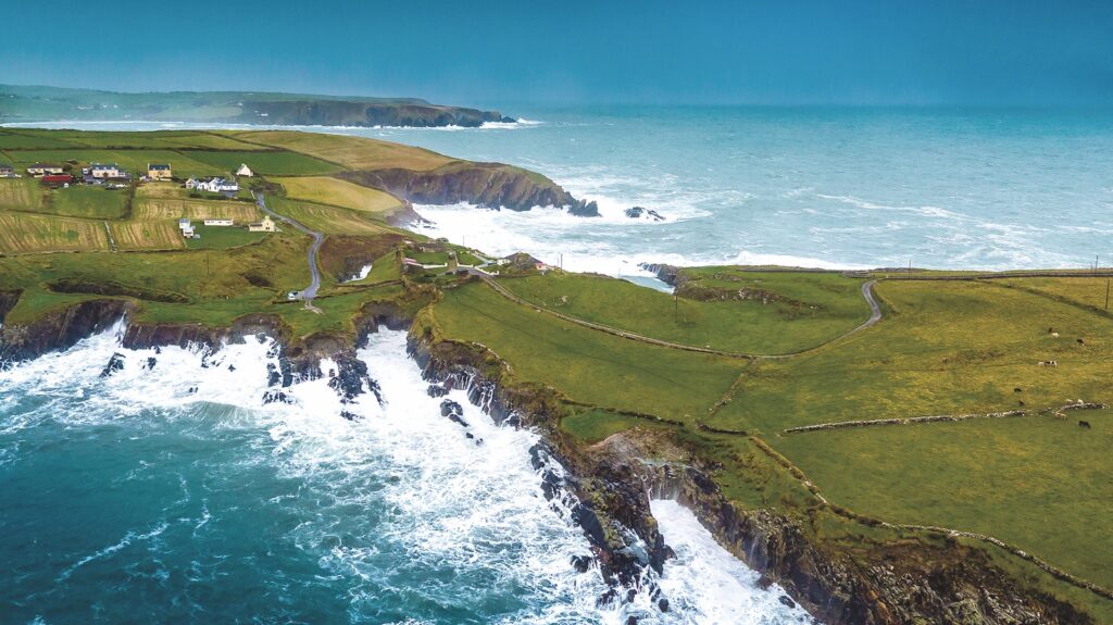 aerial view of barley fields around Galley Head lighthouse in Ireland