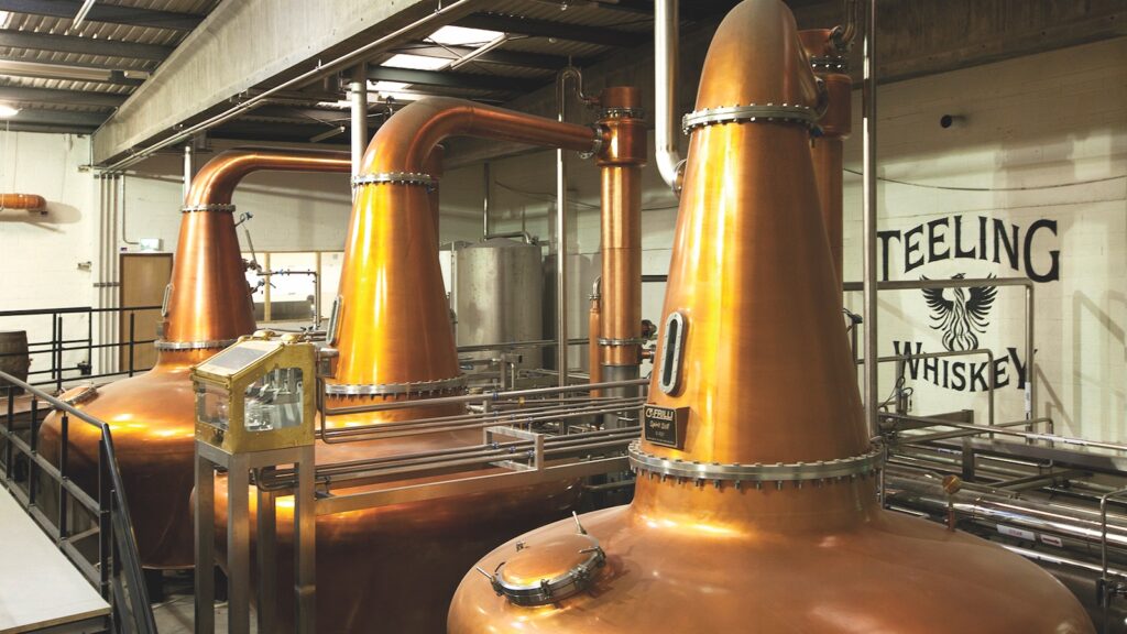 three copper pot stills at Teeling Distillery in Dublin