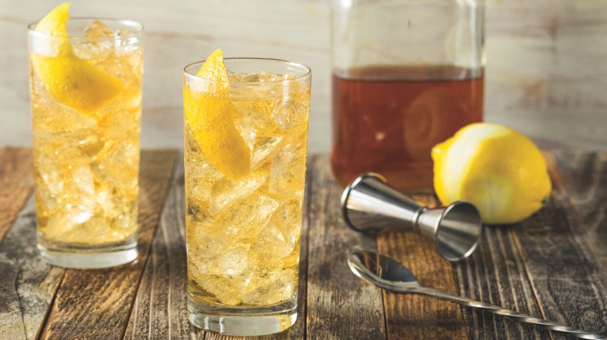 Homemade Whiskey Highball with Soda Water and Lemon