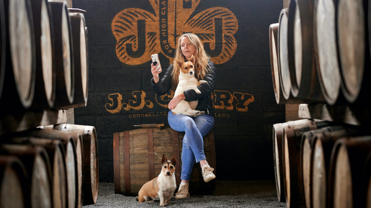 louise mcguane of J.J. Corry Irish whiskey sits among barrels with a dog in her arms and at her feet, looking at her phone