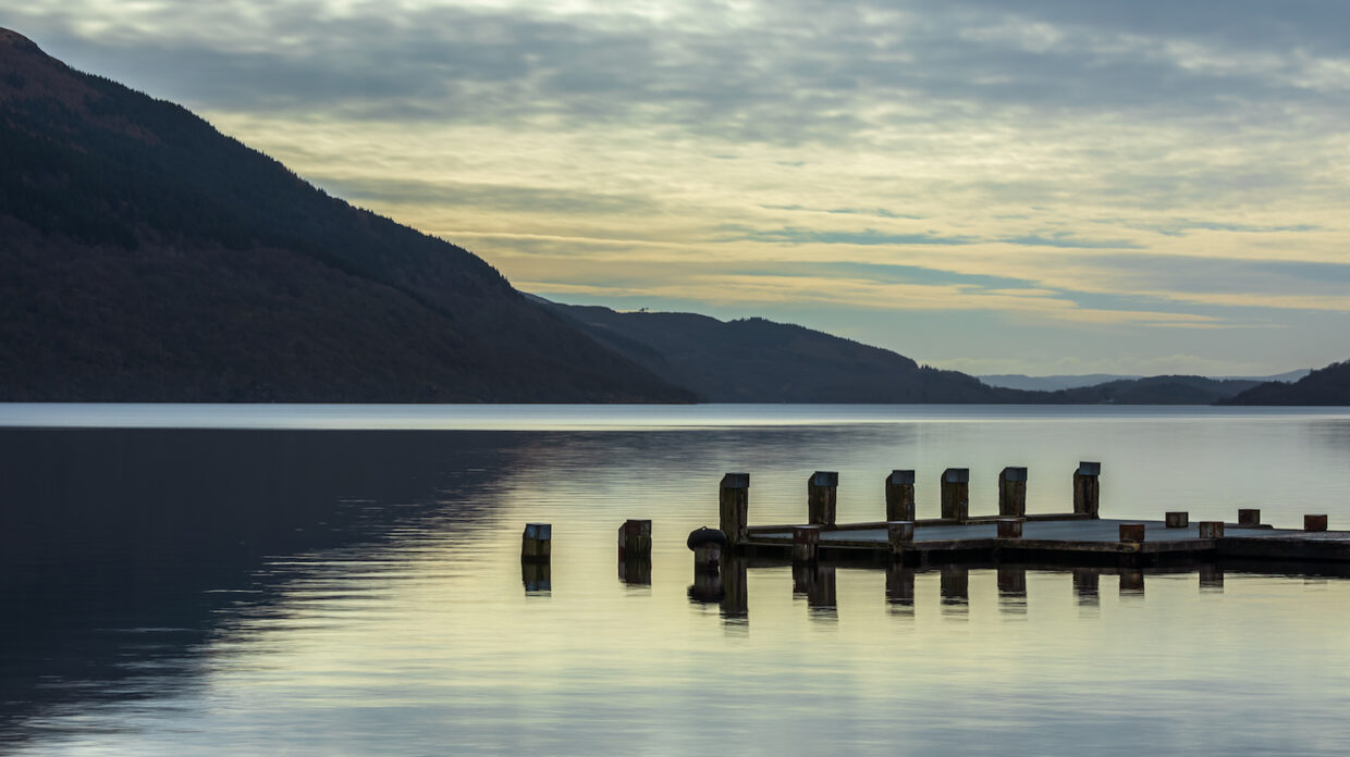 Loch Lomond at dusk, mountains in the background