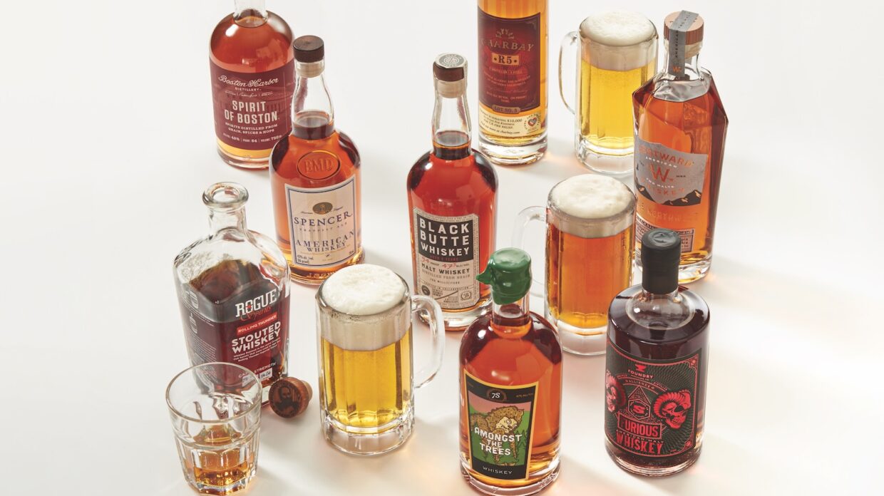 Whiskey bottles and beer glasses